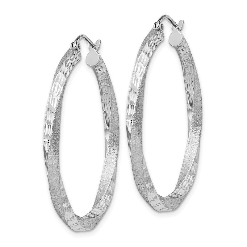 Sterling Silver Rhod-Plated Satin Diamond-Cut Twisted 3X35mm Hoop Earrings