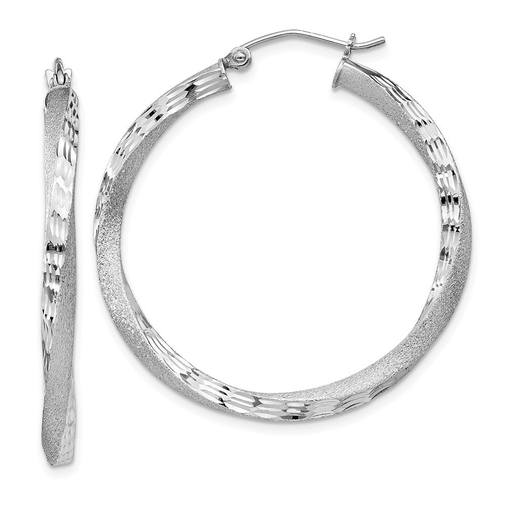 Sterling Silver Rhod-Plated Satin Diamond-Cut Twisted 3X35mm Hoop Earrings