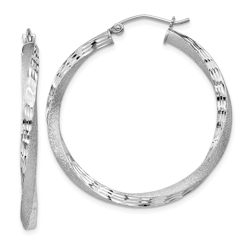 Sterling Silver Rhod-Plated Satin Diamond-Cut Twisted 3X35mm Hoop Earrings