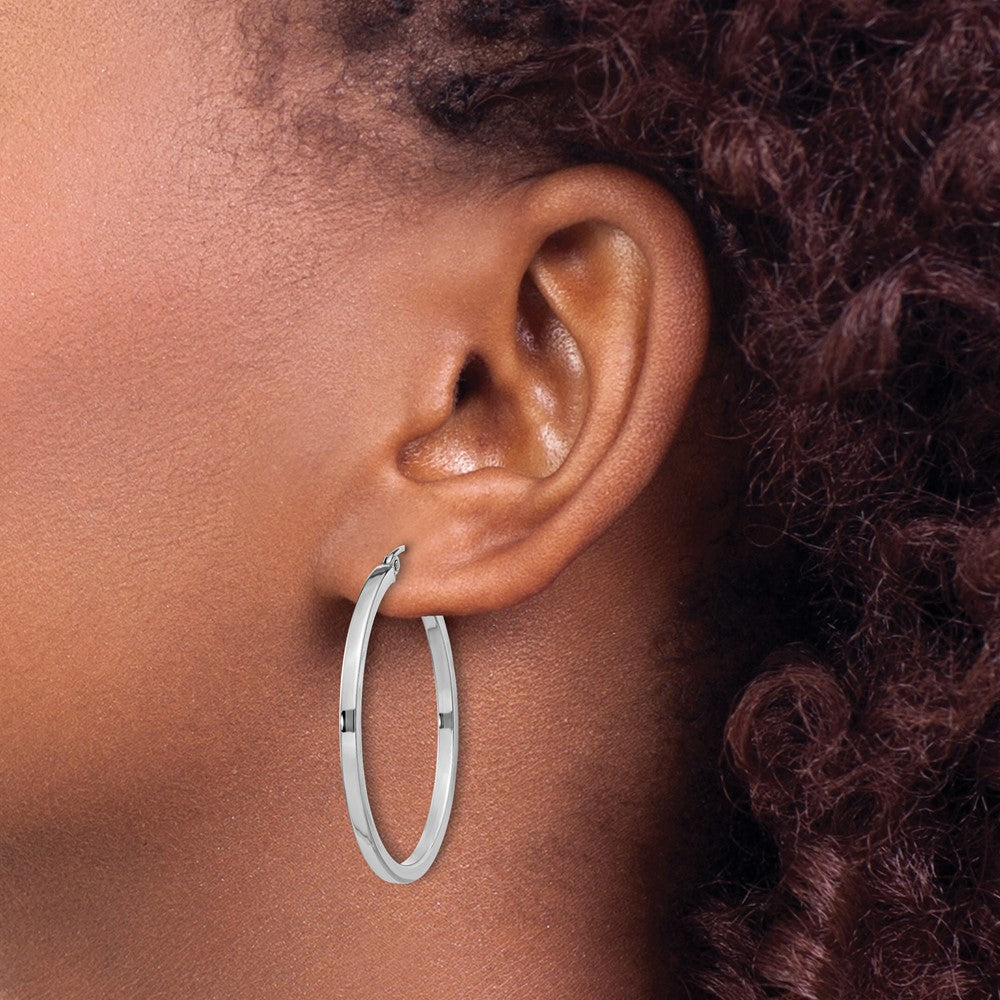 Sterling Silver Rhodium-Plated 2X35mm Square Tube Hoop Earrings