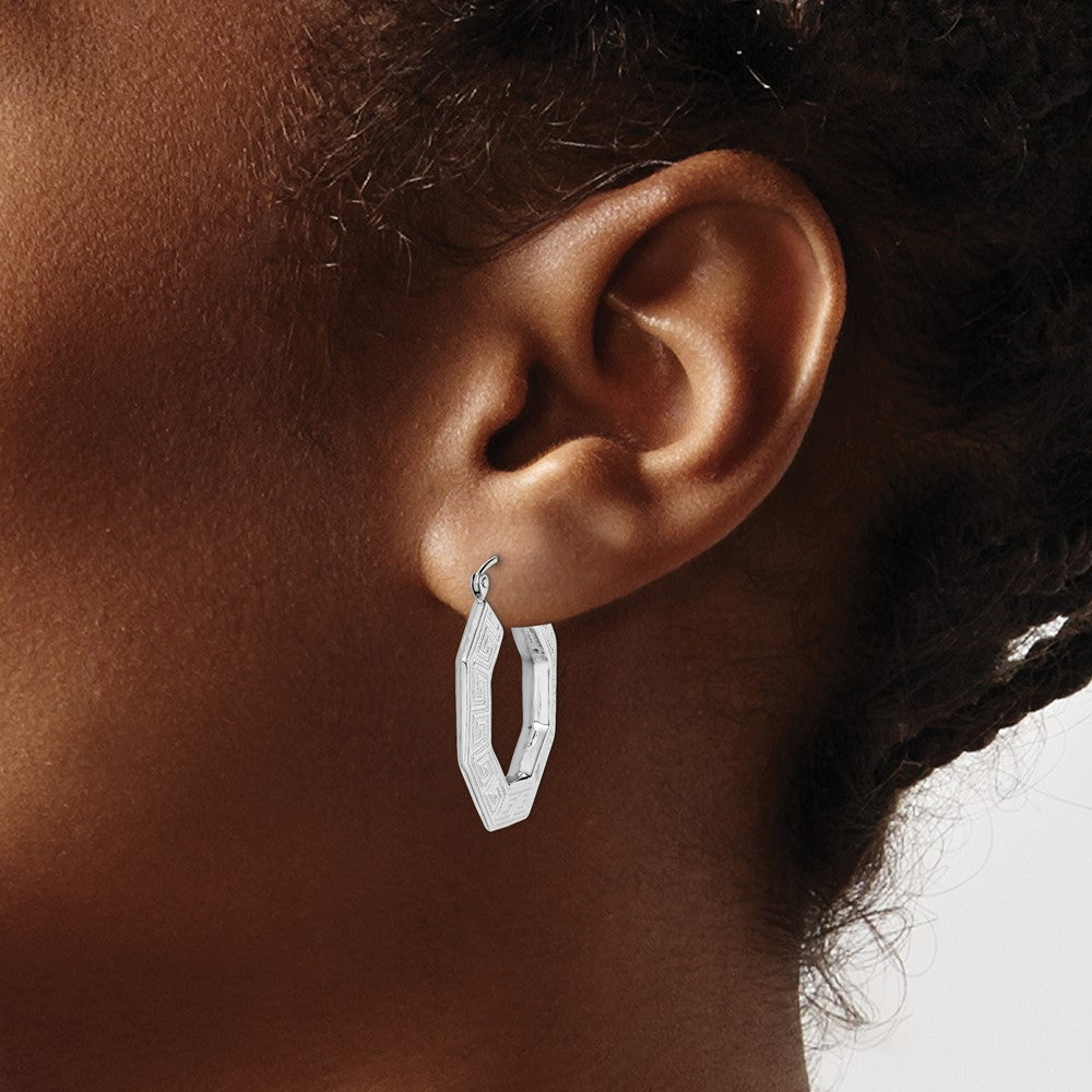 Sterling Silver Rhodium-Plated Textured Greek Key Hoop Earrings
