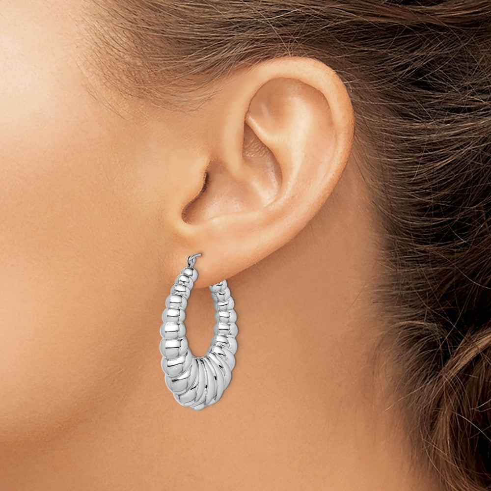 Sterling Silver Rhodium-Plated Polished Shrimp Oval Hoop Earrings