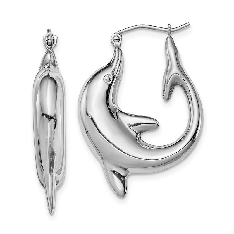 Sterling Silver Rhodium-Plated Polished Dolphin Round Hoop Earrings