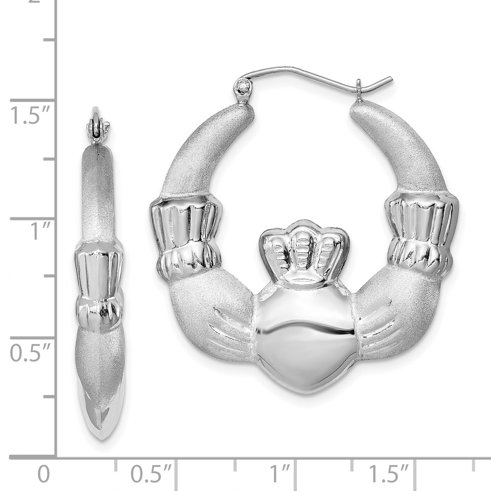 Sterling Silver Rhod-Plated Polished/Satin Claddagh Hoop Earrings