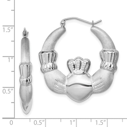 Sterling Silver Rhod-Plated Polished/Satin Claddagh Hoop Earrings