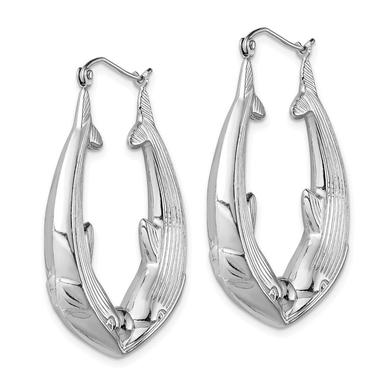 Sterling Silver Rhodium-Plated Textured Dolphin Round Hoop Earrings