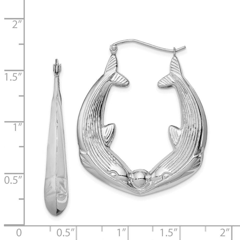 Sterling Silver Rhodium-Plated Textured Dolphin Round Hoop Earrings