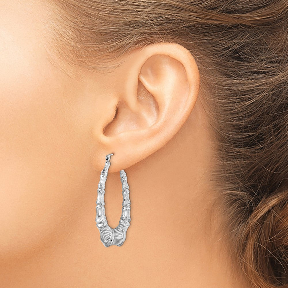 Sterling Silver Rhodium-Plated Bamboo Oval Hoop Earrings