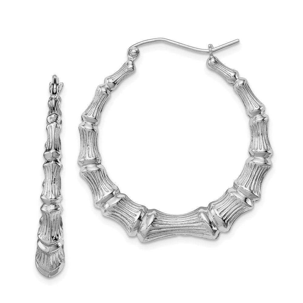 Sterling Silver Rhodium-Plated Bamboo Round Hoop Earrings