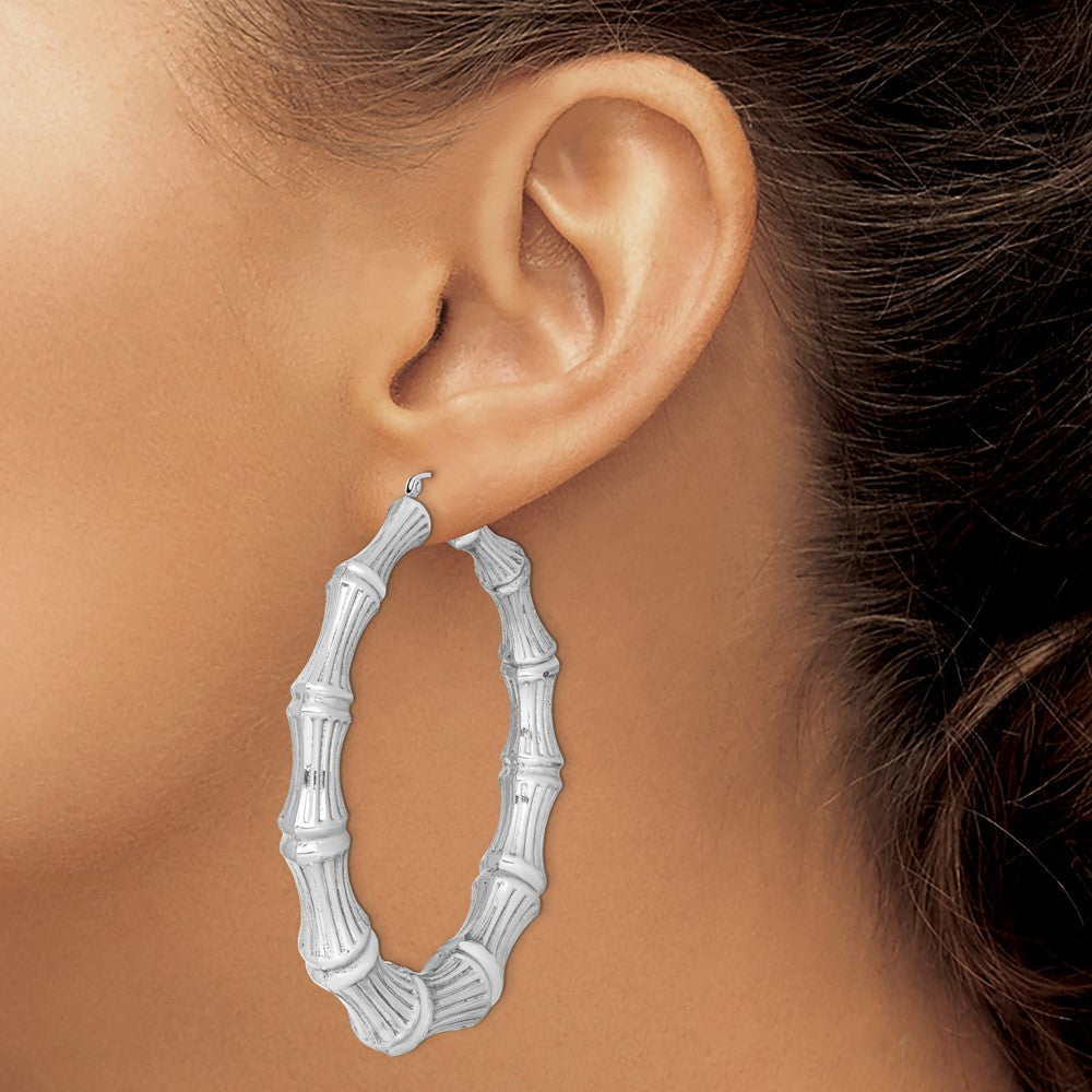 Sterling Silver Rhodium-Plated Bamboo Round Hoop Earrings