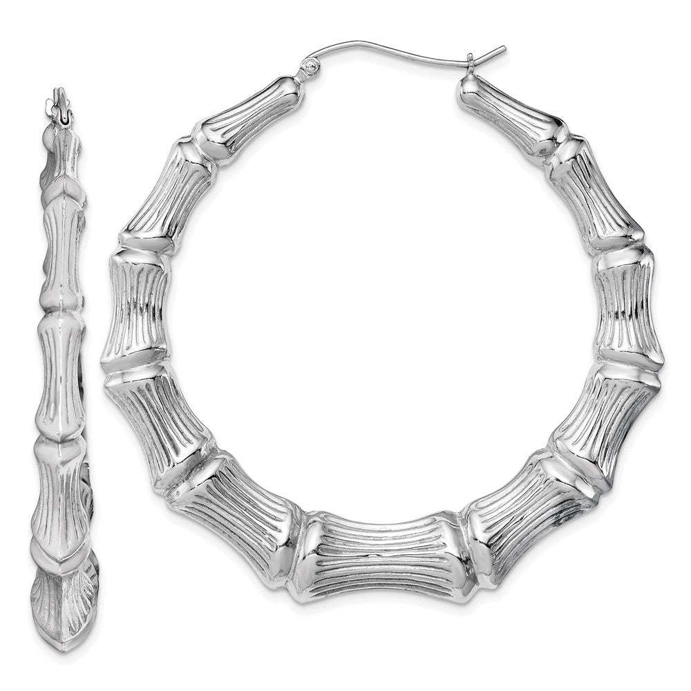 Sterling Silver Rhodium-Plated Bamboo Round Hoop Earrings