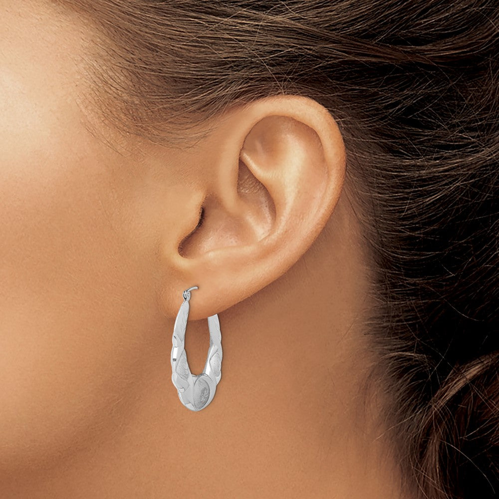 Sterling Silver Rhod-Plated Satin & D/C Scalloped Oval Hoop Earrings