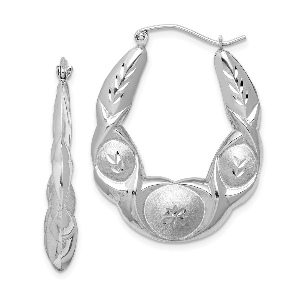 Sterling Silver Rhod-Plated Satin & D/C Scalloped Oval Hoop Earrings