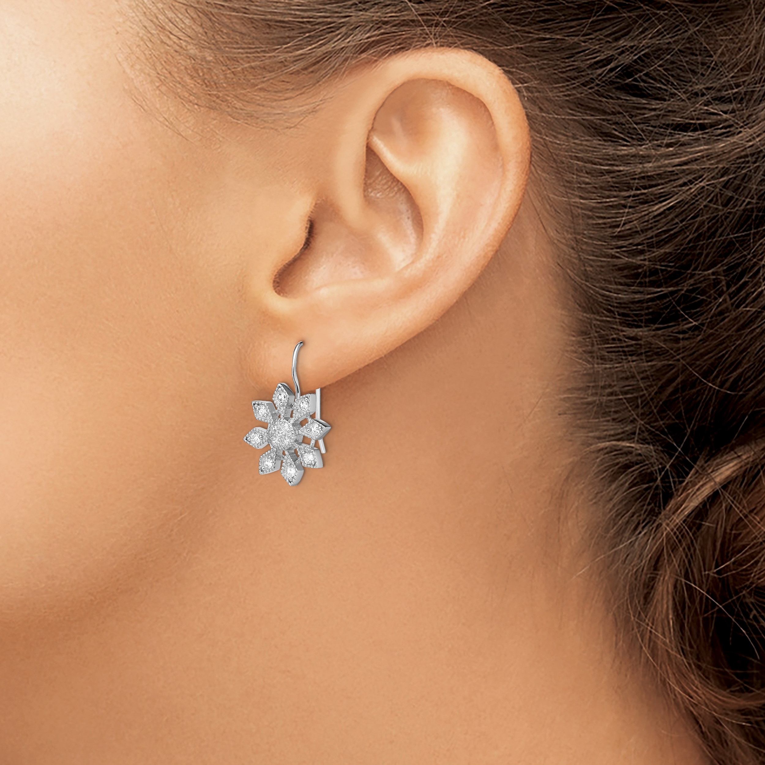 Sterling Silver Rhodium-Plated Cz Snowflake Earrings