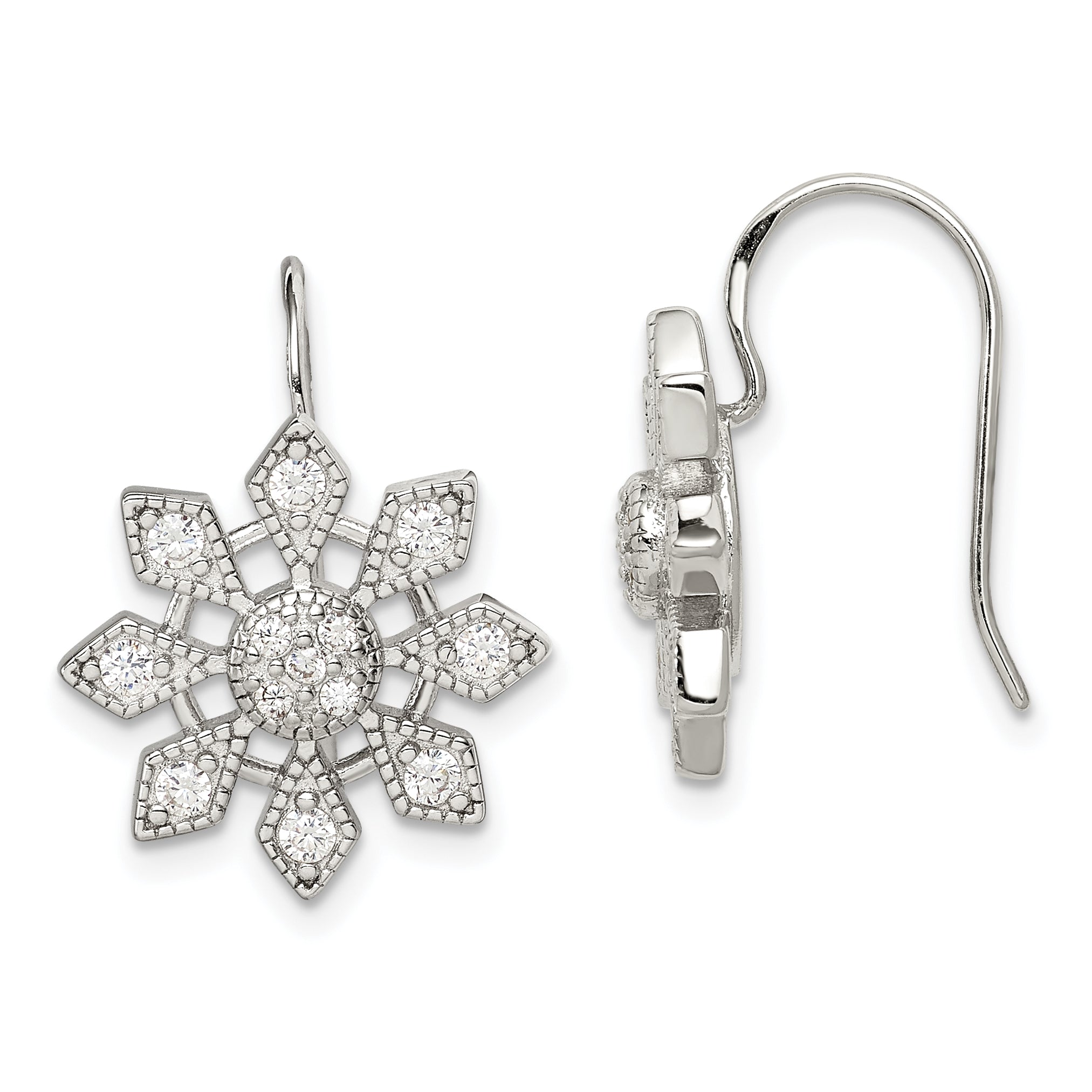Sterling Silver Rhodium-Plated Cz Snowflake Earrings