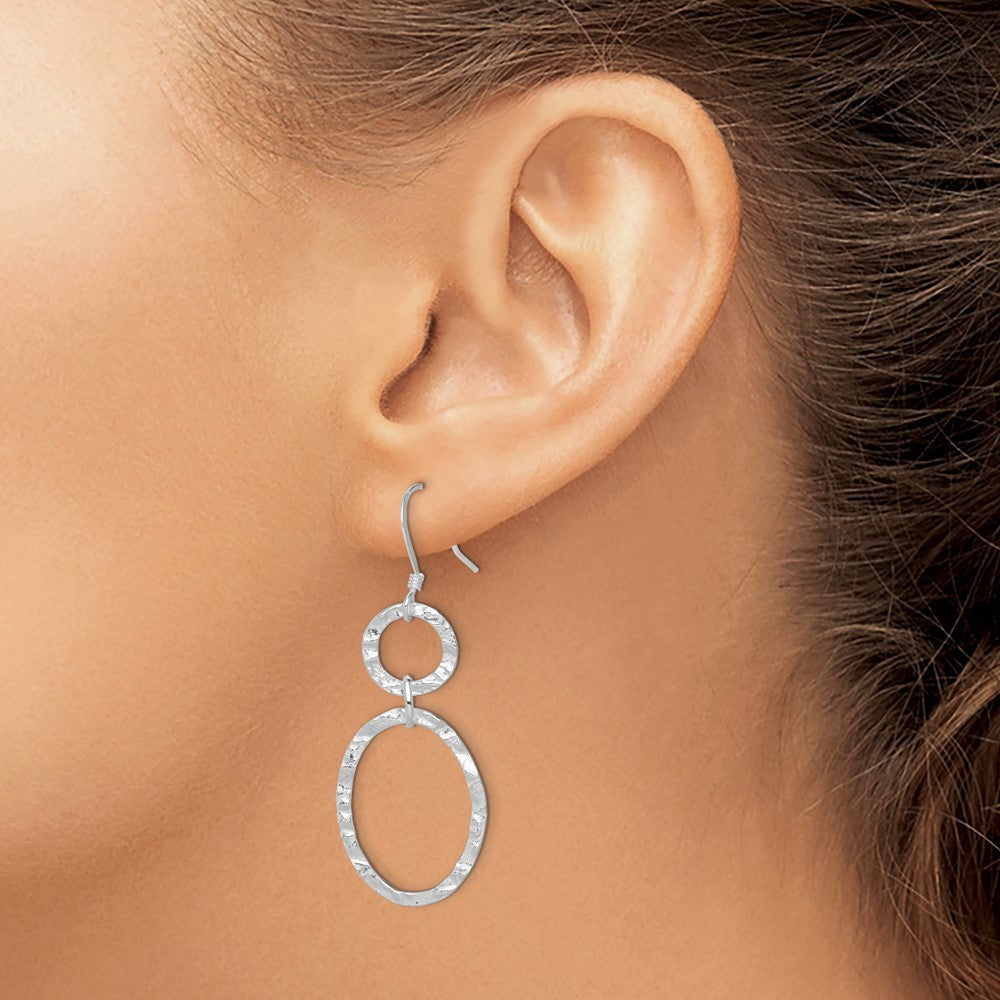 Sterling Silver Rhod-Plated Polished & Hammered Circle Oval Dangle Earrin