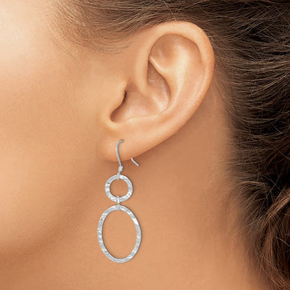 Sterling Silver Rhod-Plated Polished & Hammered Circle Oval Dangle Earrin