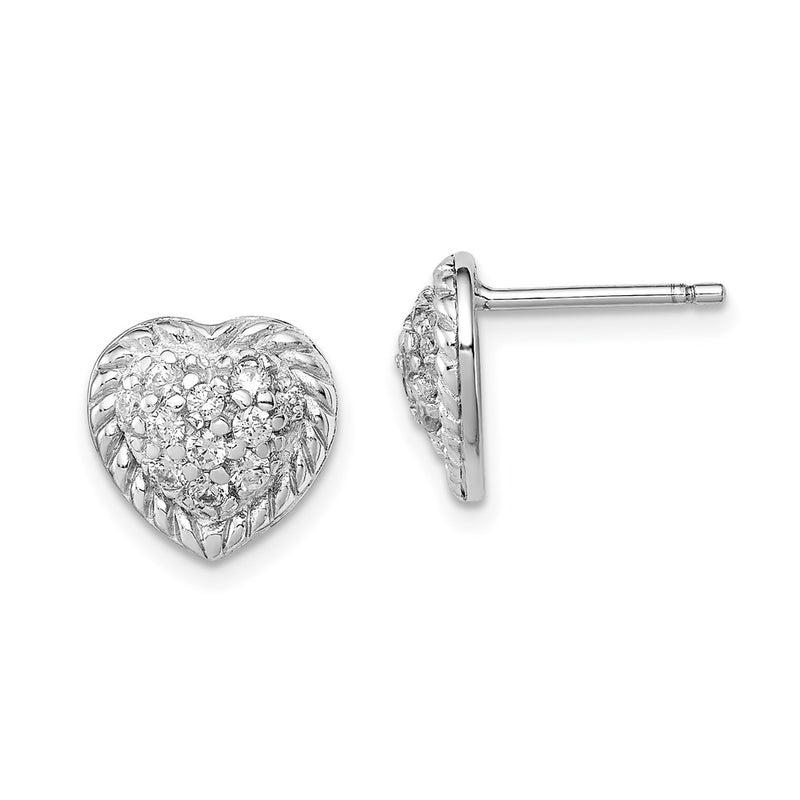 Sterling Silver Rhodium Plated Cz Heart Post Earrings