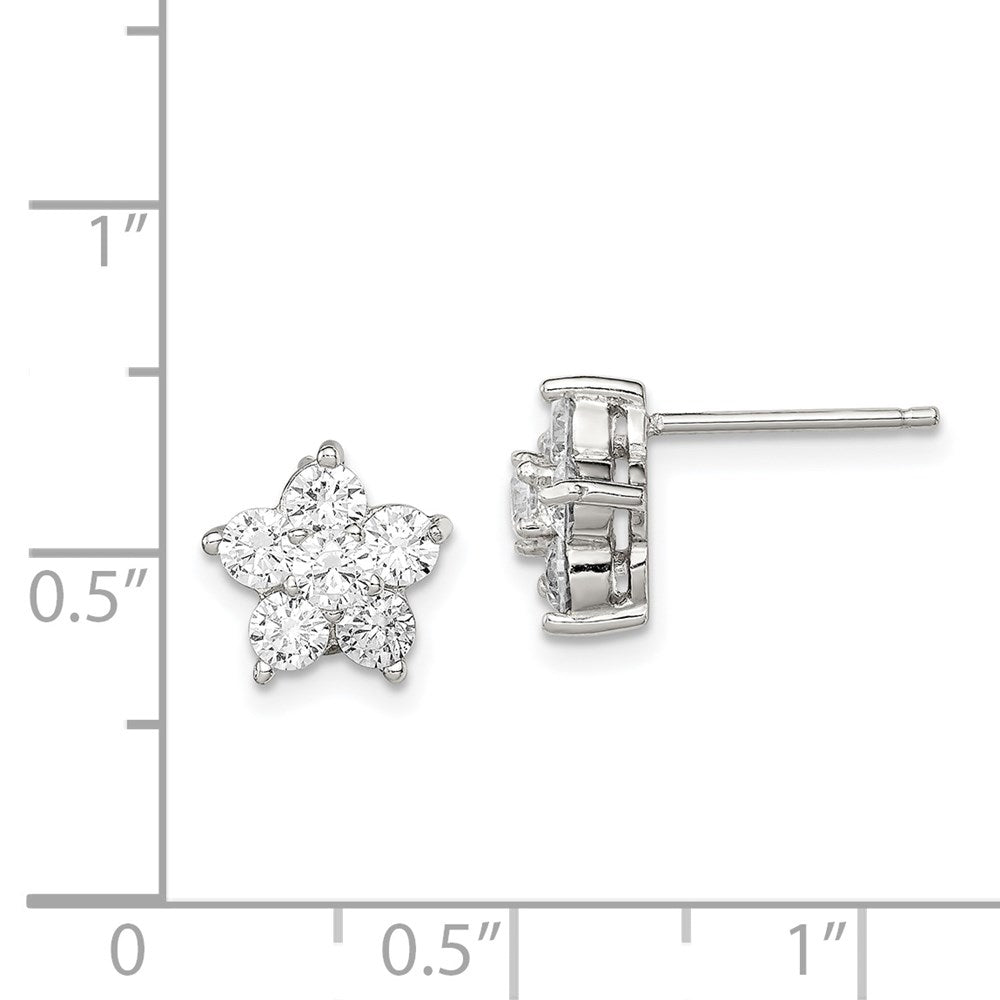 Sterling Silver Rhodium-Plated Cz Flower Post Earrings