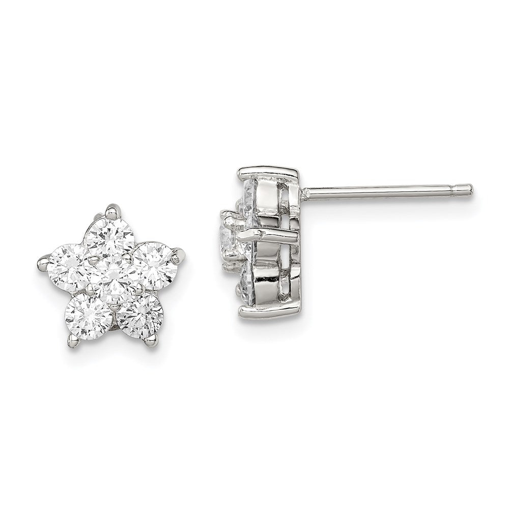Sterling Silver Rhodium-Plated Cz Flower Post Earrings