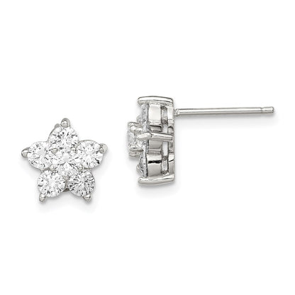 Sterling Silver Rhodium-Plated Cz Flower Post Earrings