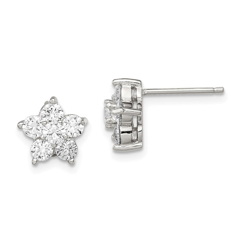 Sterling Silver Rhodium-Plated Cz Flower Post Earrings