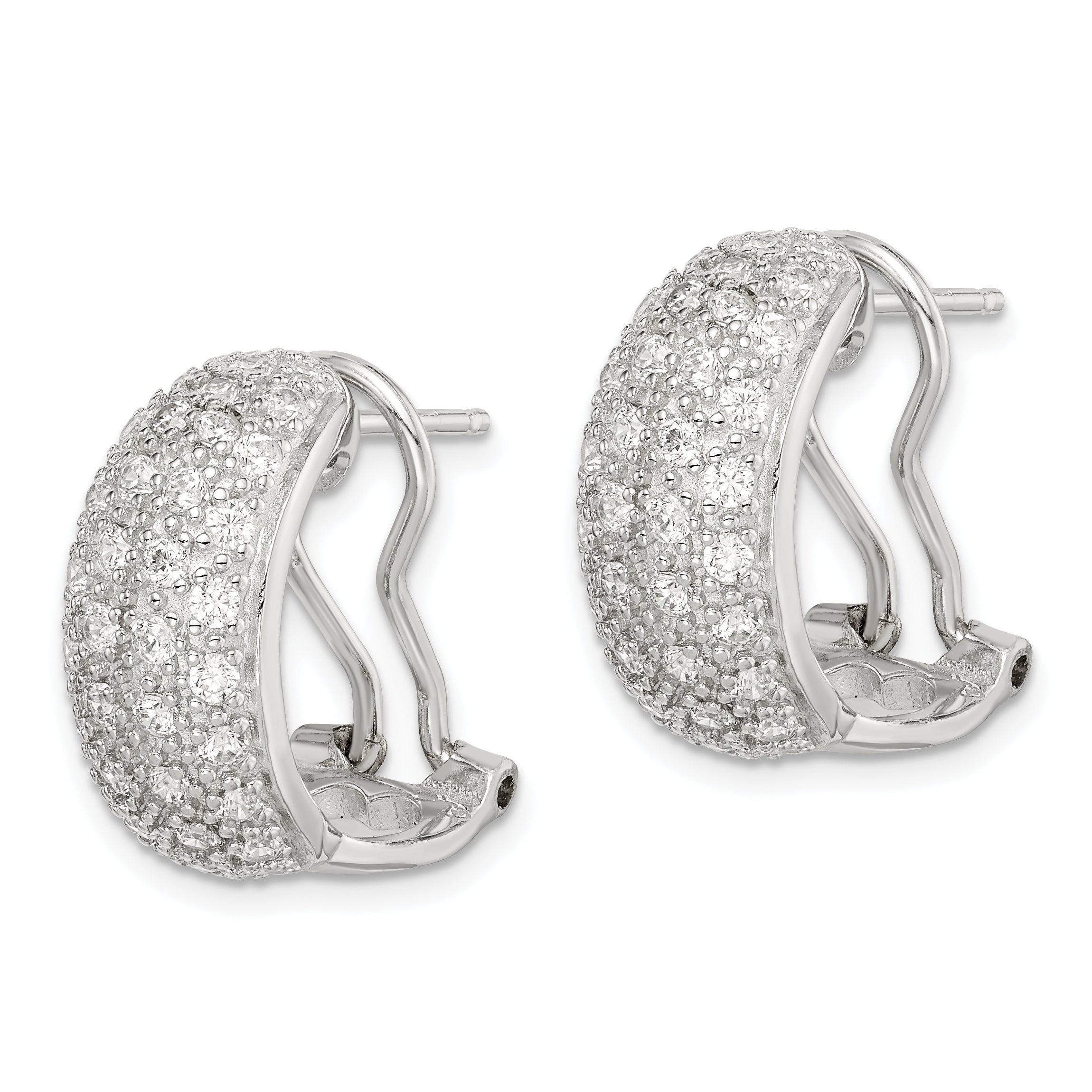 Sterling Silver Rhodium-Plated Polished Cz Omega Back C-Hoop Earrings