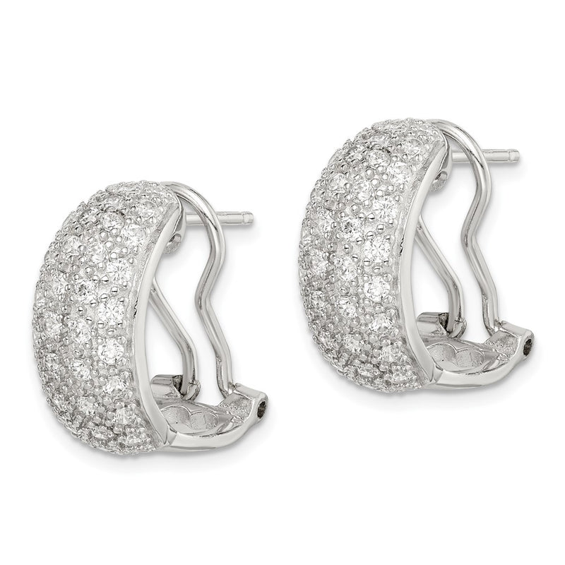 Sterling Silver Rhodium-Plated Polished Cz Omega Back C-Hoop Earrings