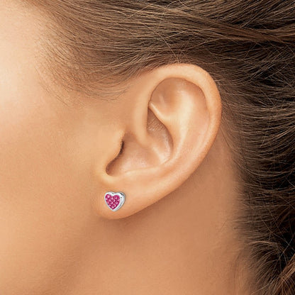 Sterling Silver Rhodium-Plated Polished Pink Cz Heart Post Earrings