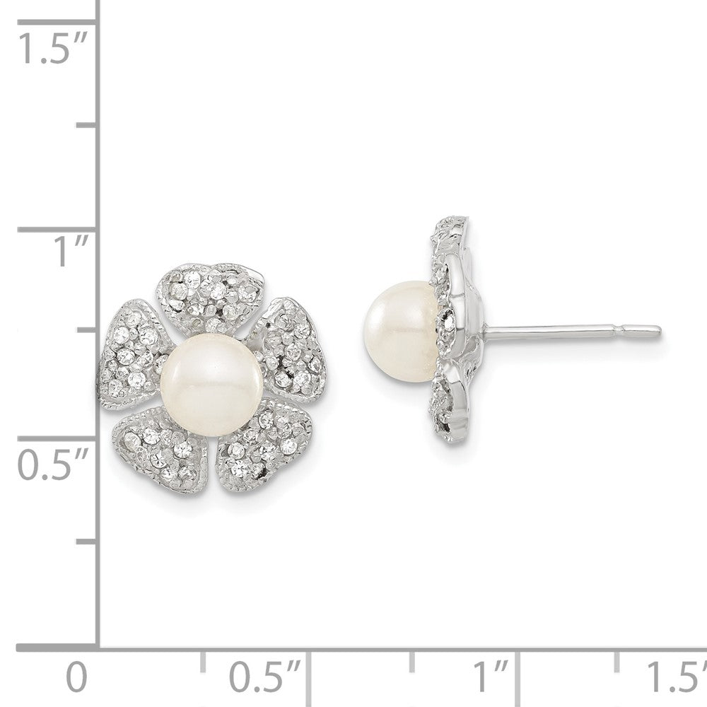 Sterling Silver Cz & Simulated Pearl Flower Post Earrings