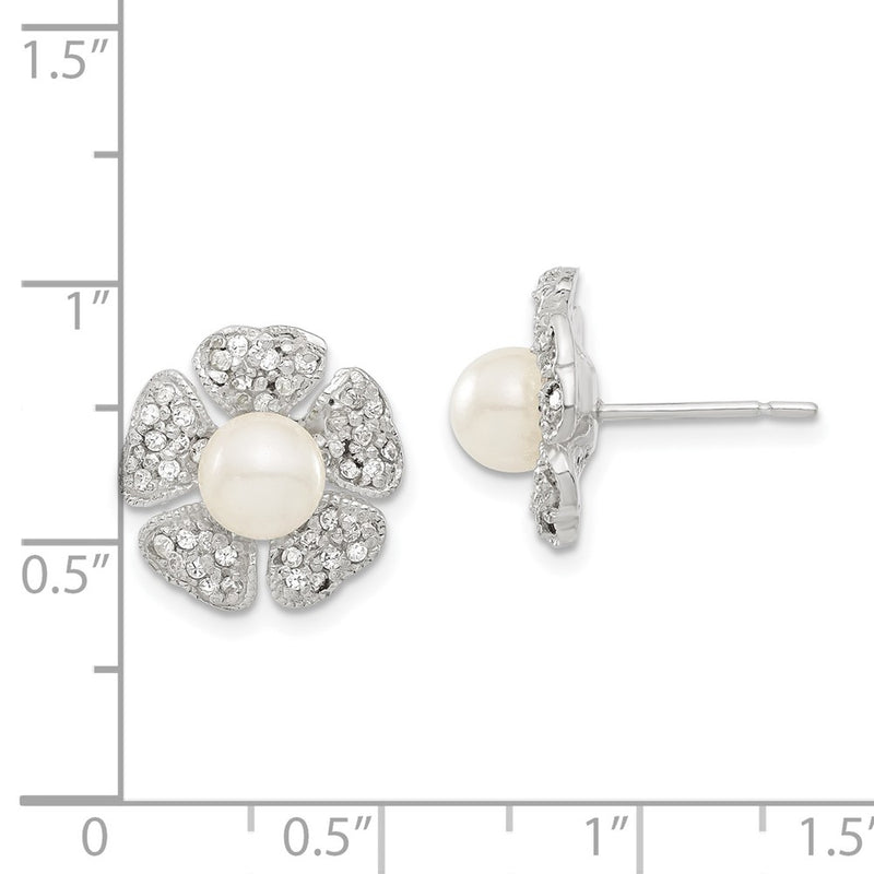Sterling Silver Cz & Simulated Pearl Flower Post Earrings