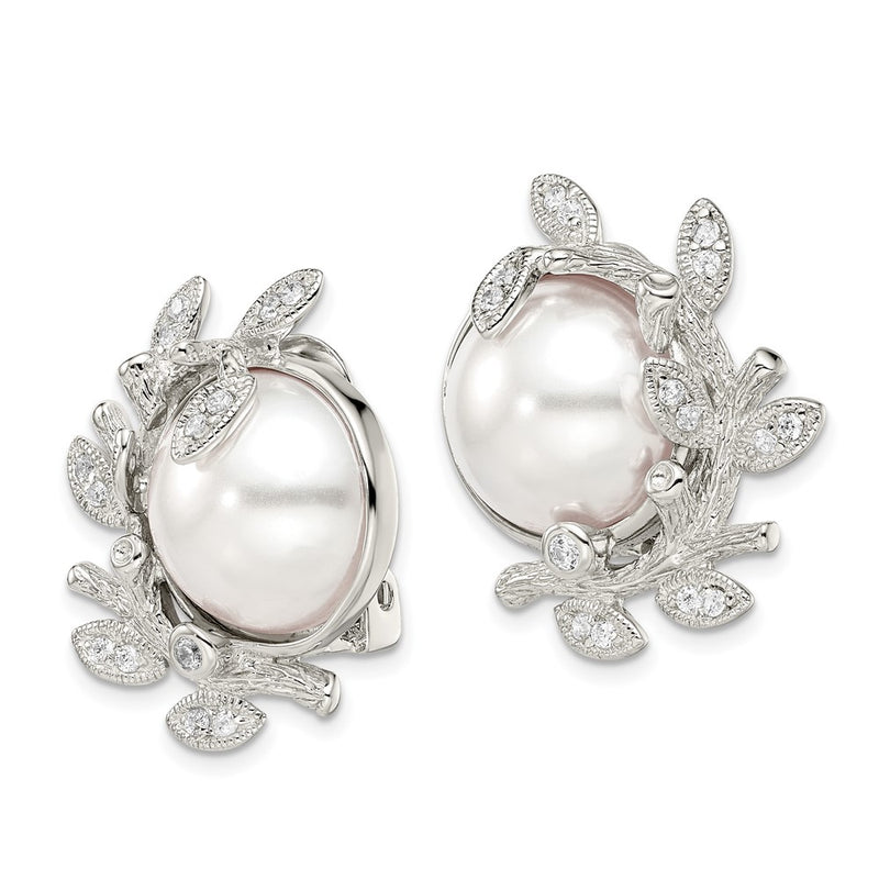 Sterling Silver Polished & Textured Fancy Imitation Pearl Cz Leaf Non Pierced Earrings
