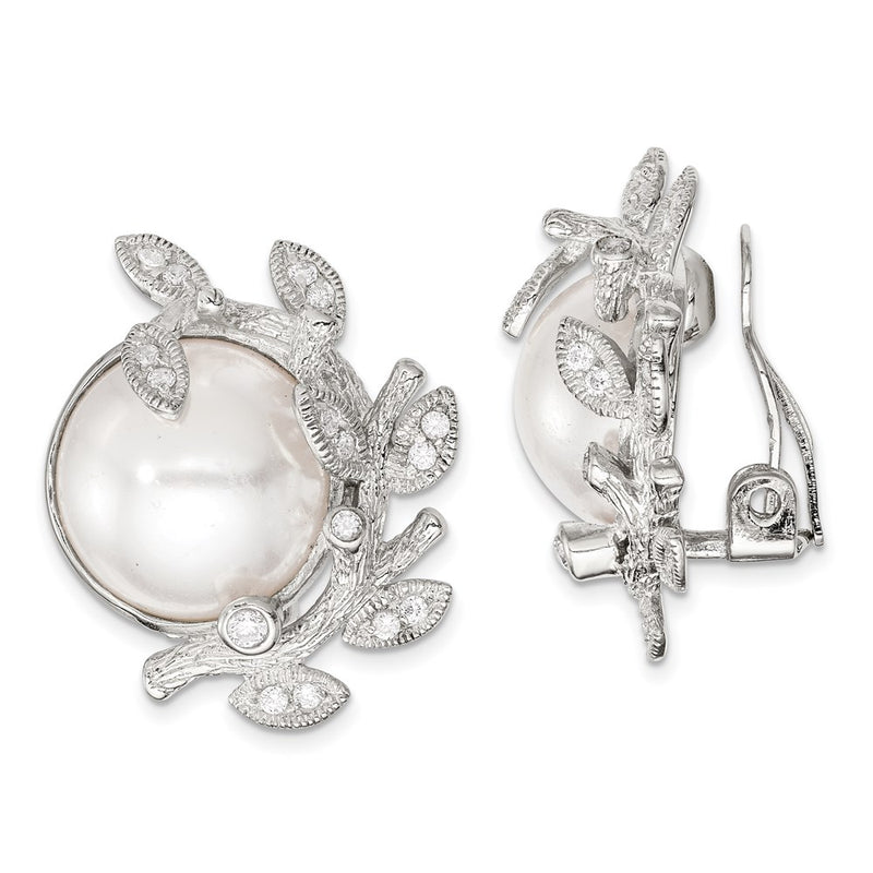 Sterling Silver Polished & Textured Fancy Imitation Pearl Cz Leaf Non Pierced Earrings