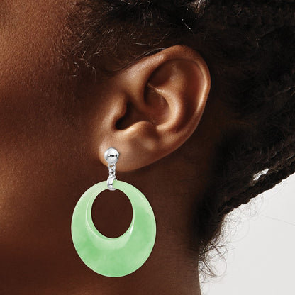 Sterling Silver Rhodium-Plated Polished Jade Circle Post Dangle Earrings