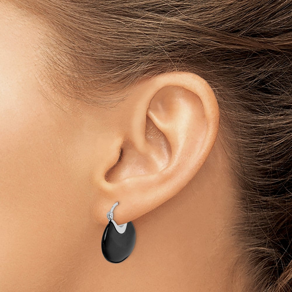 Sterling Silver Rhodium-Plated Polished Onyx Hoop Earrings