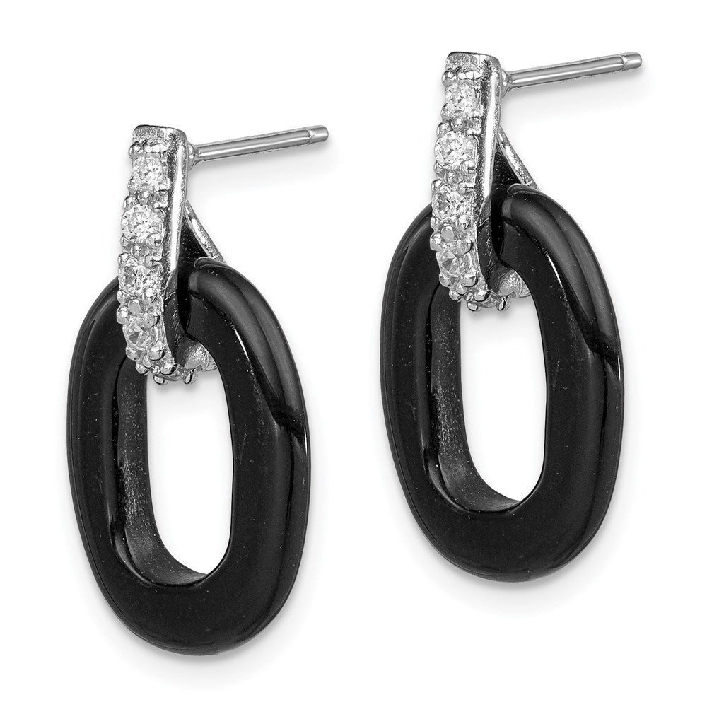 Sterling Silver Rhod-Plated Polished Onyx & Cz Oval Post Dangle Earrings