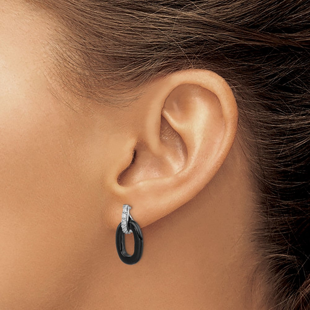Sterling Silver Rhod-Plated Polished Onyx & Cz Oval Post Dangle Earrings