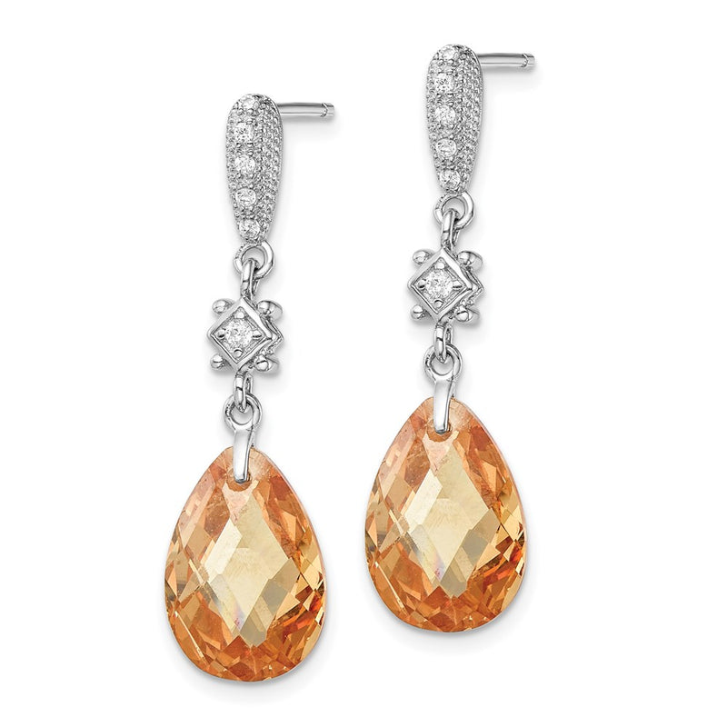Sterling Silver Rhodium-Plated Polished & Textured Champagne White Cz Teardrop Post Dangle Earrings