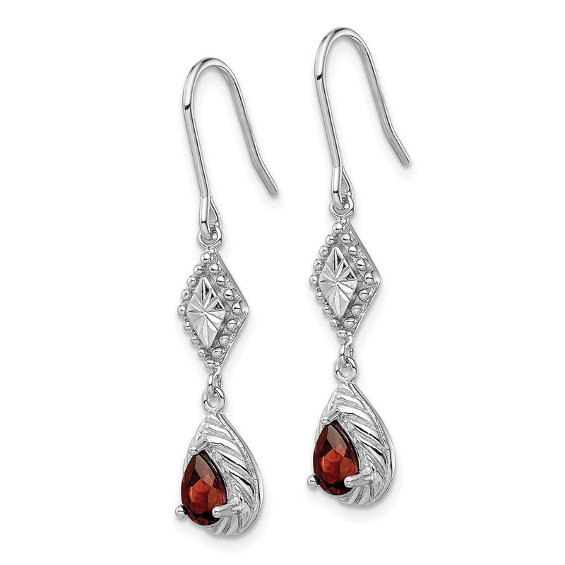 Sterling Silver Rhodium-Plated Polished Diamond-Cut & Textured Red Cz Teardrop Dangle Earrings