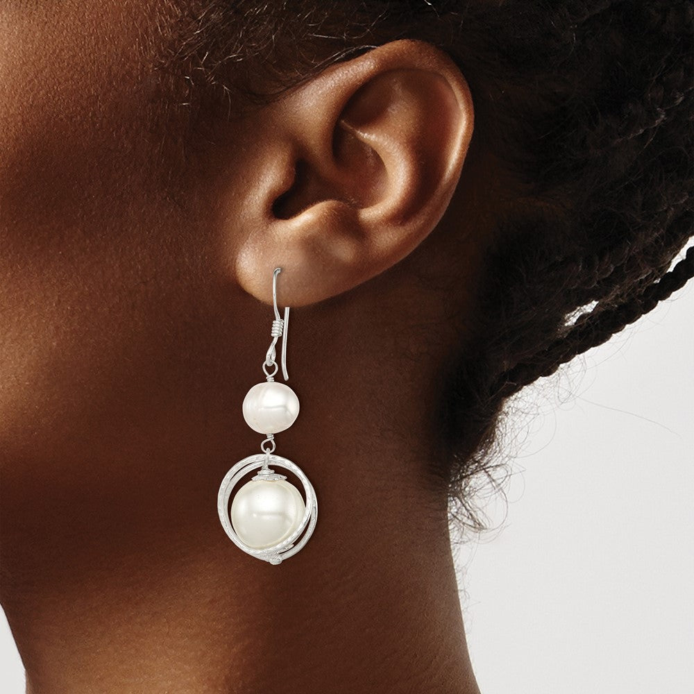 Sterling Silver Polished & Textured White 8-9mm Freshwater Cultured Pearl 11-12mm Shell Dangle Earrings