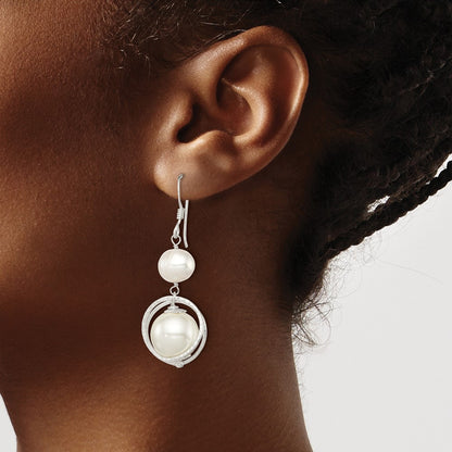 Sterling Silver Polished & Textured White 8-9mm Freshwater Cultured Pearl 11-12mm Shell Dangle Earrings