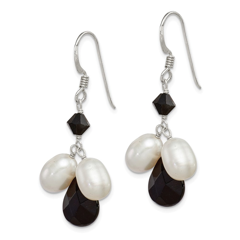 Sterling Silver Polished Fwc Pearl / Black Crystal Onyx Dangle Earrings