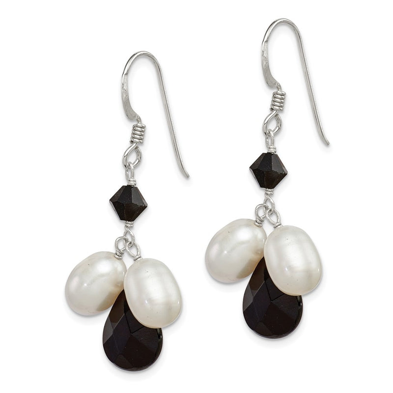 Sterling Silver Polished Fwc Pearl / Black Crystal Onyx Dangle Earrings