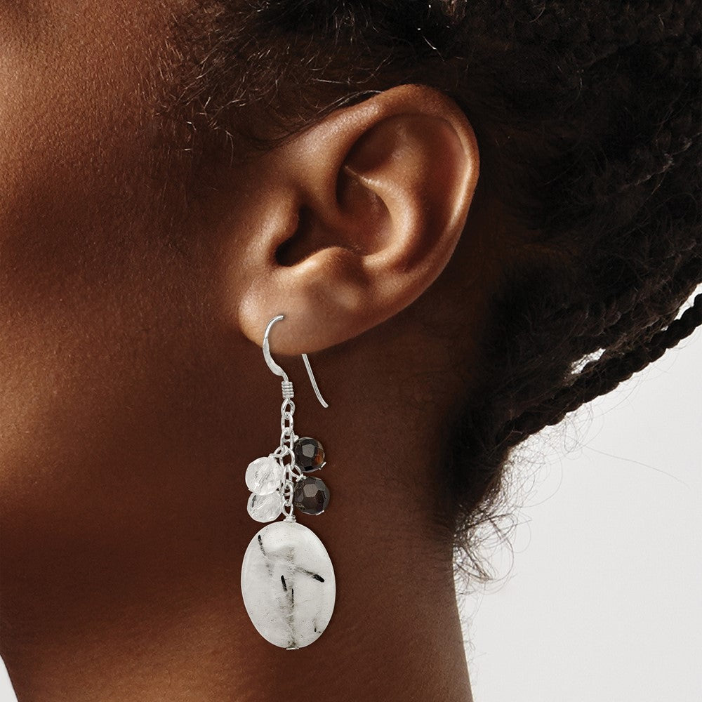 Sterling Silver Black Agate/Crystal/Tourmalinated Quartz Earrings