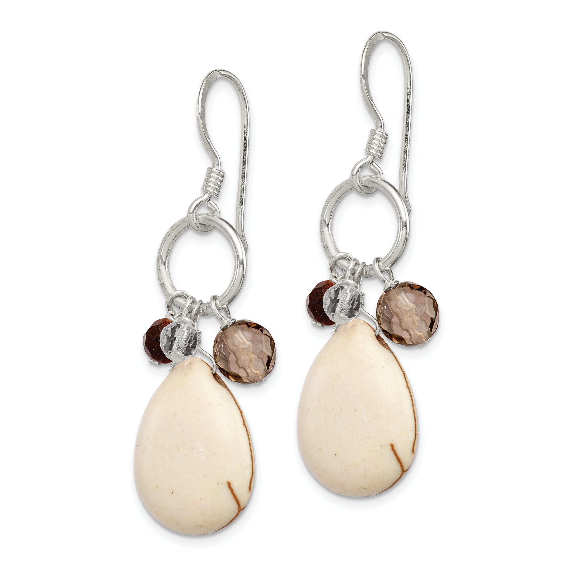 Sterling Silver Polished Crazy Lace Agate, Tiger'S Eye, Smoky & Clear Quartz Dangle Earrings