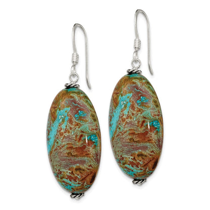 Sterling Silver Polished & Antiqued Twisted Bead Blue Jasper Oval Dangle Earrings