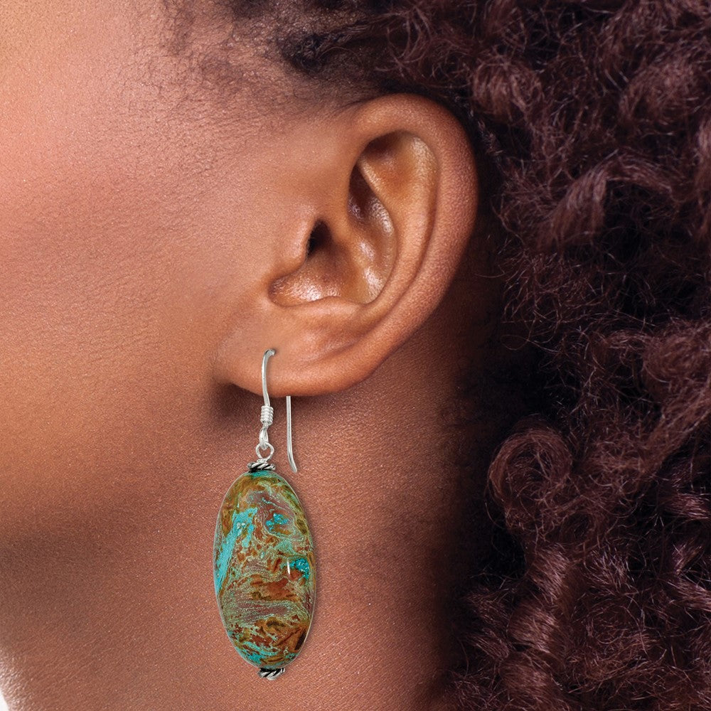 Sterling Silver Polished & Antiqued Twisted Bead Blue Jasper Oval Dangle Earrings