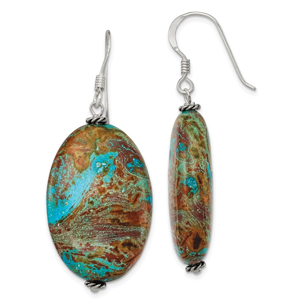 Sterling Silver Polished & Antiqued Twisted Bead Blue Jasper Oval Dangle Earrings