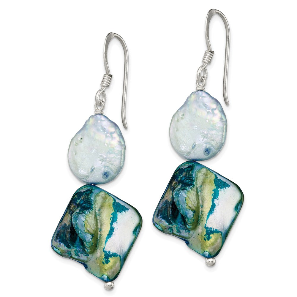 Sterling Silver Polished Blue Mop & White Fwc Pearl Dangle Earrings