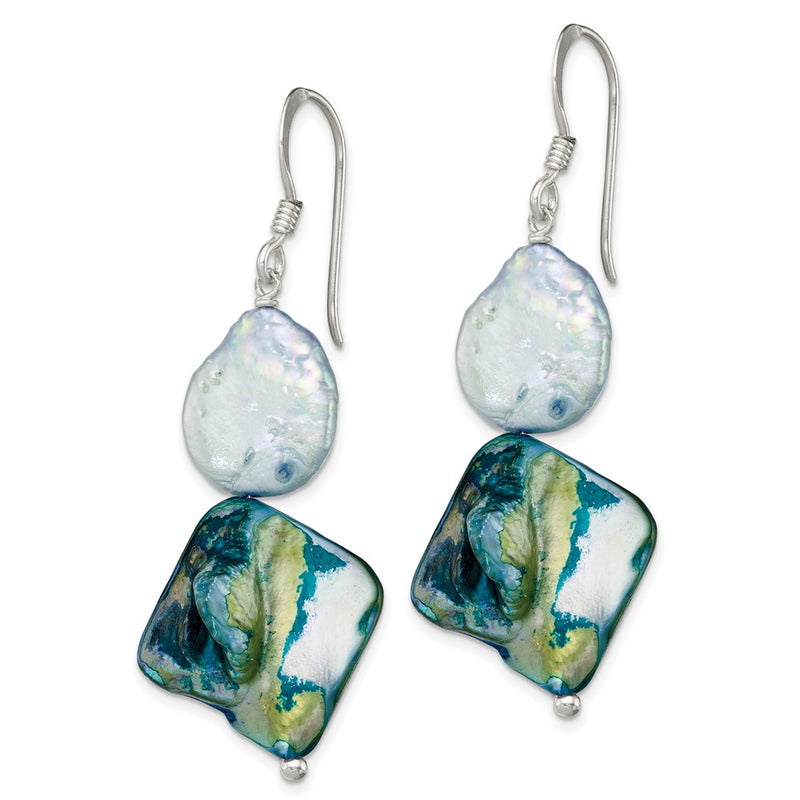 Sterling Silver Polished Blue Mop & White Fwc Pearl Dangle Earrings
